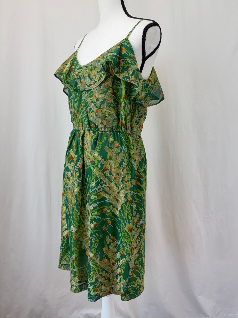 Anthropologie 12th Street 100% Silk Green Gold Ruffle Wedding Guest Dress Medium - Picture 3 of 15